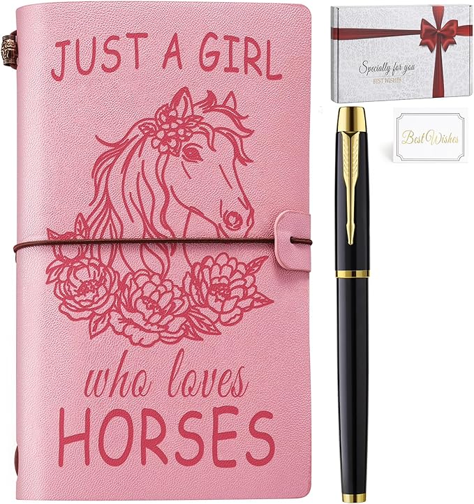 Just A Girl Who Loves Horses Leather Notebook Journal with Pen, Horse Stuff Horse Gifts for Girls Horse Lovers, Leather Refillable Notebook, Sketchbook, Travel Diary