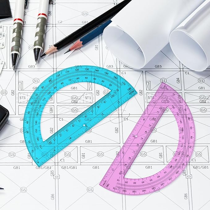 Zonon 2 Pcs 6 Inch Plastic Protractor Math Protractors 180 Degrees Angle Measurement, Translucent for Geometry Classroom Kid Student School Office Supplies(Pink, Blue)