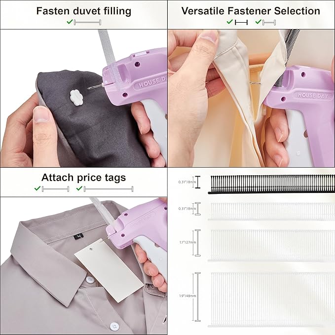 HOUSE DAY Stitchy Gun for Clothes, Fine Needle Stitch Gun Quick Clothing Fixer, Speedy Price Tagging Gun with 6 Fine Needles, 2200 Micro Thin Fasteners, 50 Buttons (Pink)