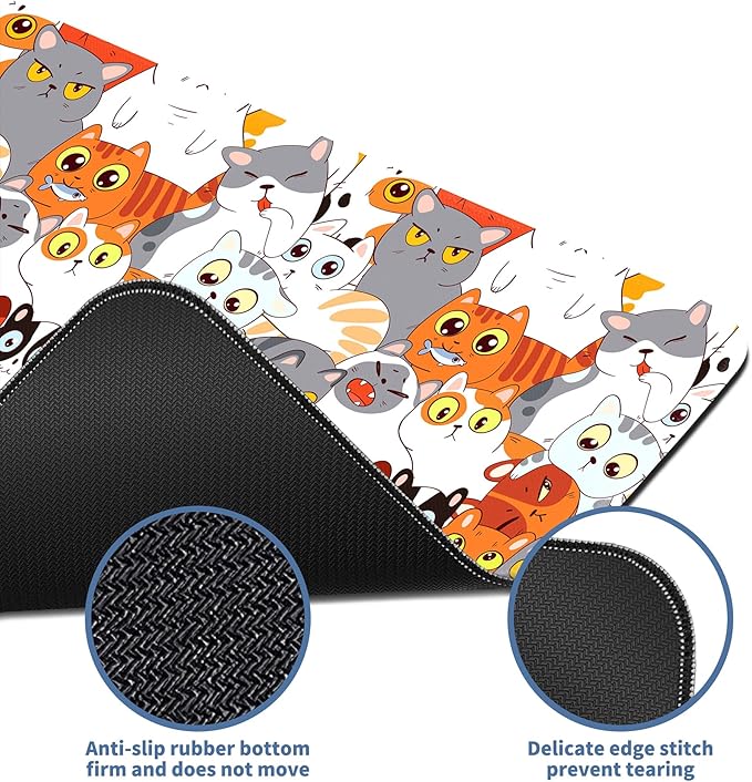 Cute Anime Cat Mouse Pad Large Desk Mat Extended Kawaii Keyboard Mouse Pad Mousepad with Non-Slip Base and Stitched Edge Funny Mouse Mat Desk Pad 31.5 X 11.8 in Mouse Pads for Desk Gaming Home Office