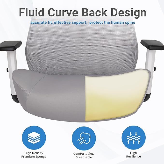 HYLONE Office Chair, 5" Thickened Seat Ergonomic Desk Chair with Adjustable Armrests, Home Office Computer Chairs for Long Hours Mesh Executive Chair(White Base&Grey)