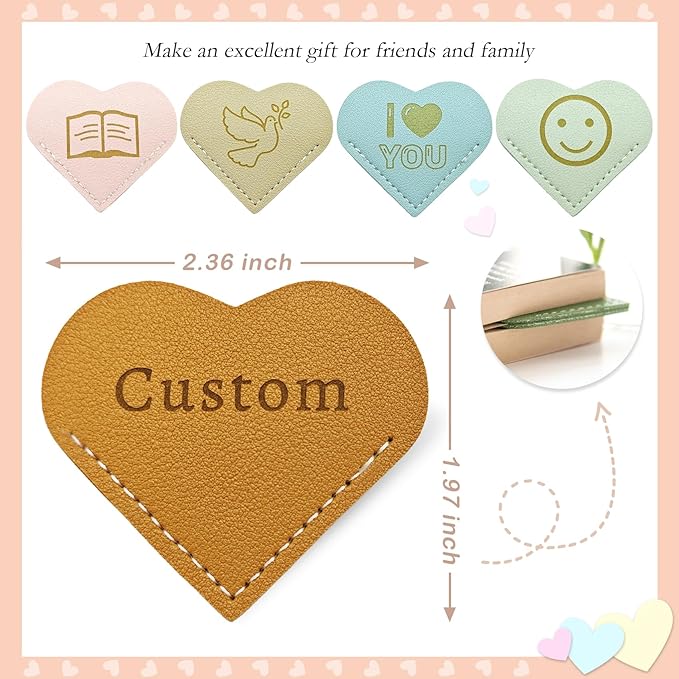 Handmade 3 Pcs Leather Heart Bookmarks - Personalized Corner Page Book Mark with Initials Custom, Cute Reading Gifts for Women Men, Teachers, Students, Mum, Dad, Book Lovers (Love 3 Pcs-Custom)