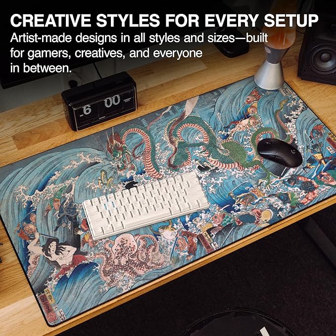 MPCO. Ukiyo-E Large Gaming Desk Pad - 36" x 17" Aeroglyde Fabric Dragon King Desk Mats - Washable, Smooth Glide for Precision Gaming & Work