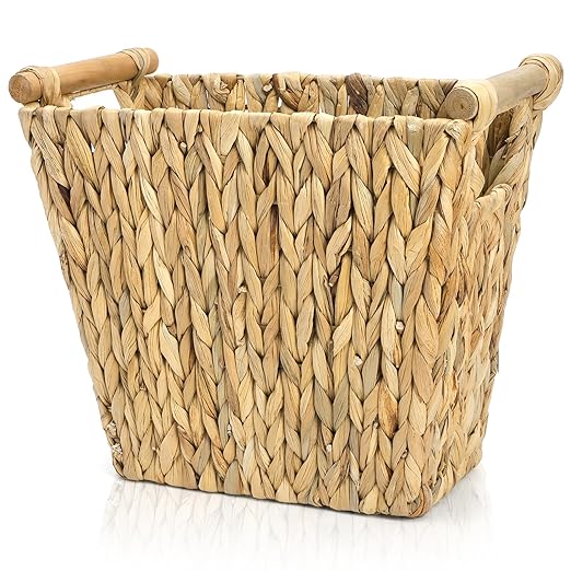 Wicker Waste Basket, Water Hyacinth Trash Can with Wooden Handles, Boho Handwoven Storage Container, Rustic Bathroom Garbage Bin, Decorative Magazine Holder for Home, Bedroom, Laundry, Office