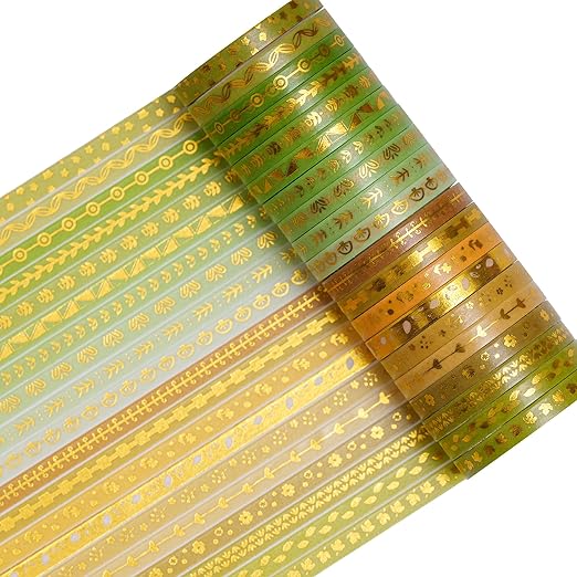 YUBX Skinny Gold Washi Tape Set Basic Foil Print Decorative Masking Tapes for Arts, DIY Crafts, Journals, Planners, Scrapbook, Wrapping (Green in Summer)