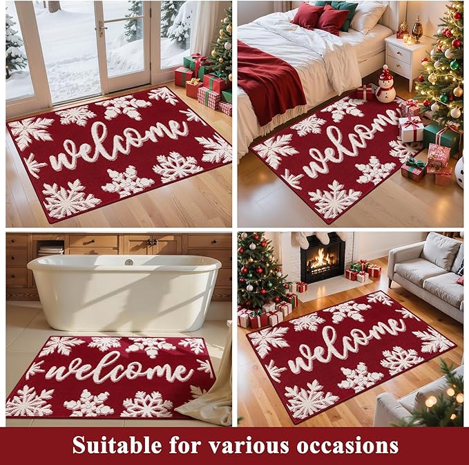 Christmas Doormat with Non Slip, Loop Pile Red and White Indoor Christmas Welcome Mat with Absorbent & Dirt-Trapping, Porch Decor Outdoor Front Door Mat 32x48 Inch