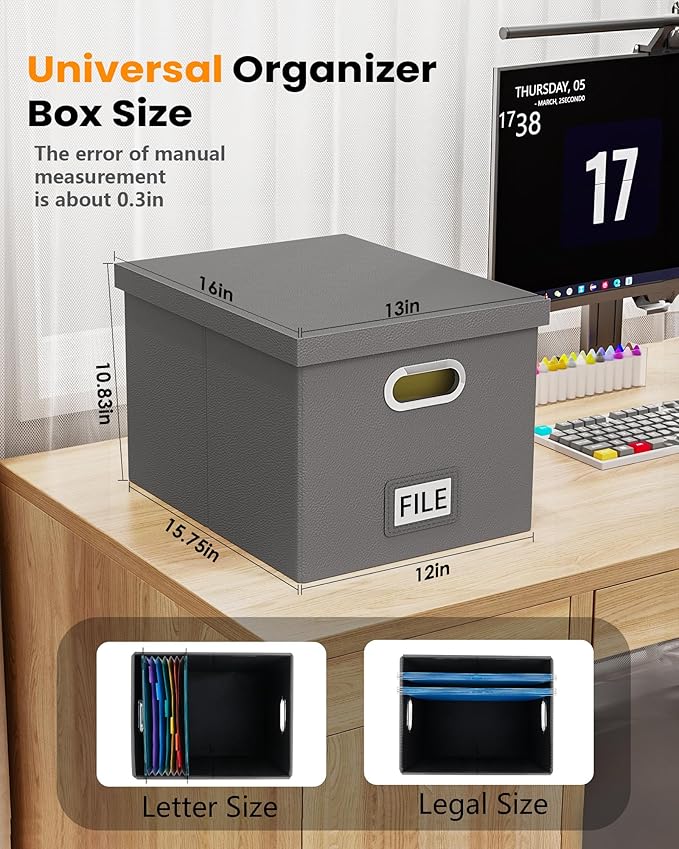 2 Pack File Storage Organizer, Portable File Box with Lid, Fit for Letter/Legal File Folder Storage, Gray(Leather)