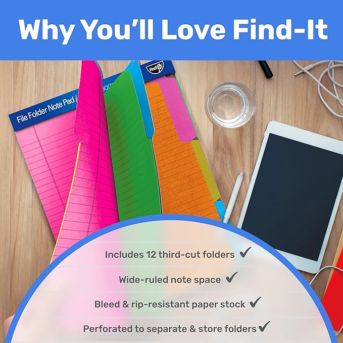 Find It File Folder Notepad - Pack of 36-9.5 x 12.5 Inch Notebook Organizer Folders for Filing, Document, and Clipboard Organization - Assorted Neon Colors