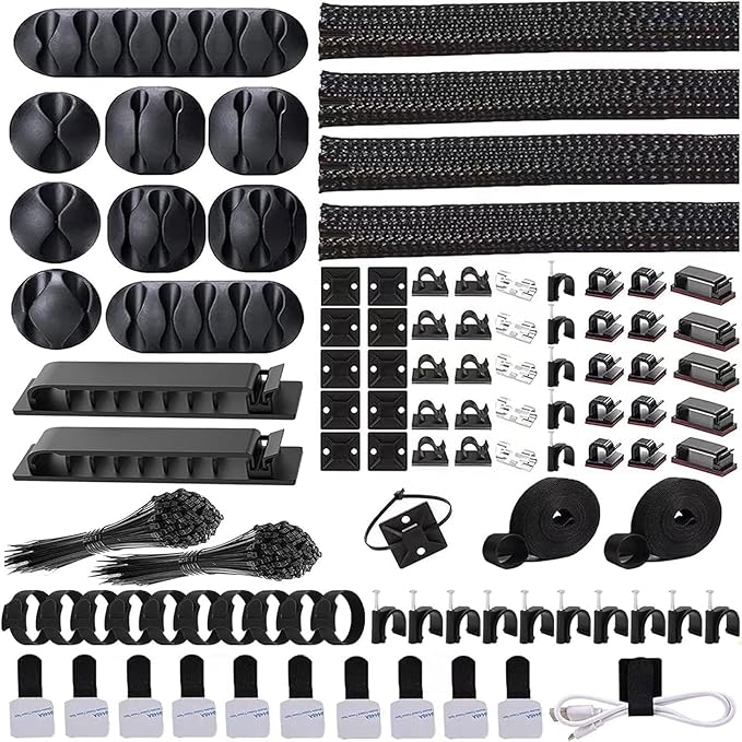 ELII 302PCS Cable Management Kit 4 Cable Sleeve,45Cable Clips,11Cable Holders,22 Roll Cable Organizer Straps and 200 Fastening Cable Ties,20 Cable Zip Tie Mounts Computer Under Desk (Black)