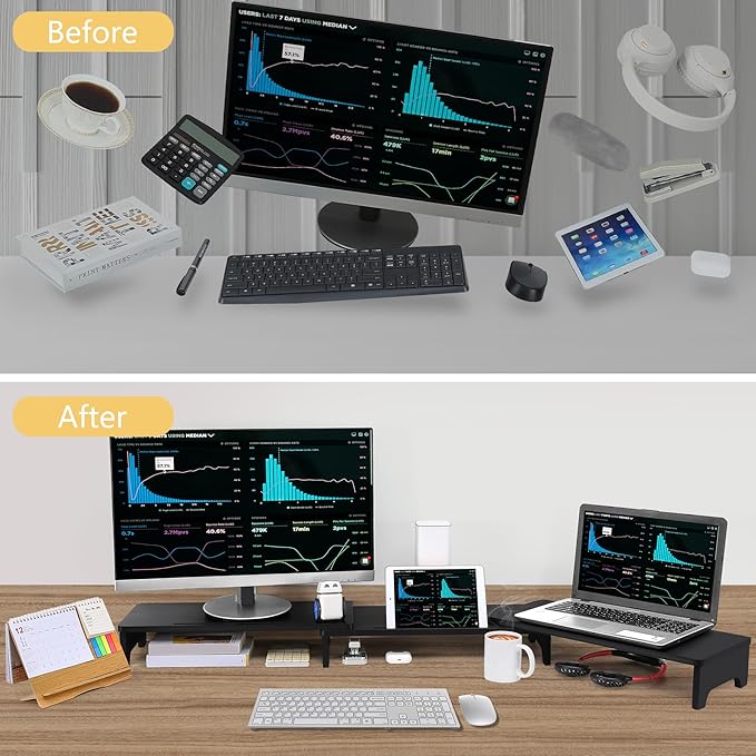 Nnewvante Monitor Stand Riser, Upgrade Height Large TV Riser, 60 inch Large Bamboo Dual Monitor Stand for Desk, 3 Shelves Desktop Screen Riser with Adjustable Length Angle for Computer Laptop Black