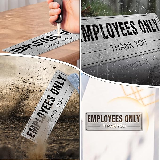 Employees Only Sign Aluminum Silver 9 x 3 Inches Self-Adhesive Waterproof Metal Door Wall Sign for Business Offices 4 Pack