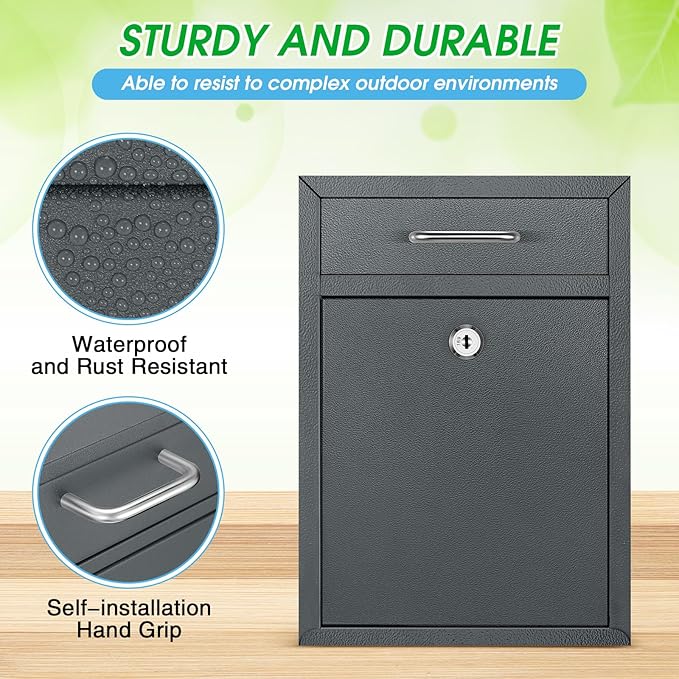 Locking Mailbox with Key for Outdoor 12.2 x 8.5 x 3 Inches Large Wall Mount Mail Box with Lock Security Mail Drop Metal Collection Boxes Hanging Secure Postbox(Dark Gray)