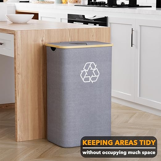 SpaceAid Recycling Bin for Kitchen 26 Gallon, 100L Recycle Bin with Lid and 2 Reusable Inner Bags, for Bottle Can Glass Plastic Stickers, Grey