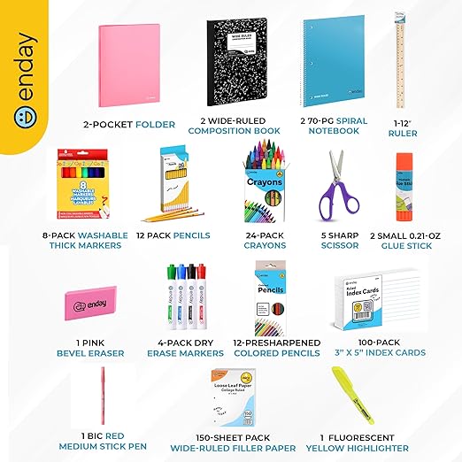 Enday 2nd and 3rd Grade School Supplies Kit - 74 Piece Back to School Supplies Kit, Premium Quality Kids School Supplies for Girls & Boys, Second & Third Grade Elementary School Supplies for Kids