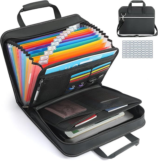 SEEKIND PU Leather Accordion File Organizer with Handle & Strap，12 Pockets Expanding File Folder with Zipper & Labels，Portable Document Organizer File for Letter A4 Files