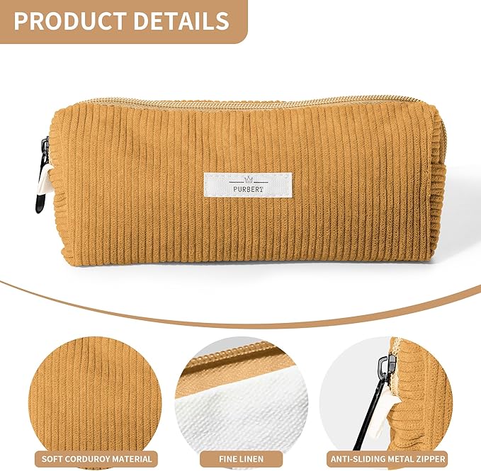 Pencil Bag Pen Case, Soft Corduroy Small Pencil Pouch Organizer with Zipper, Cute Pencil Case Pouch Stationery for Girls and Boys – Yellow