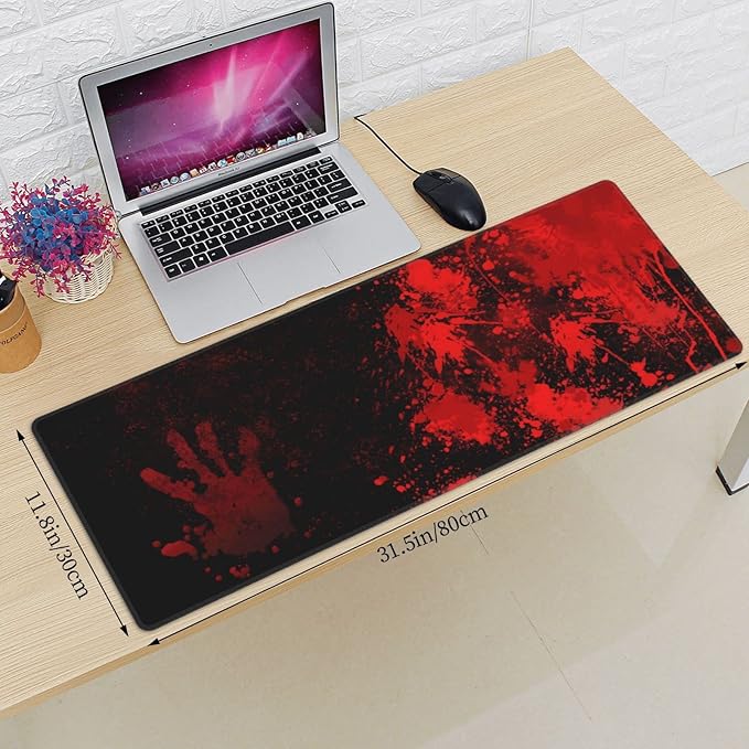 Halloween Scary Bloody Handprint Mouse Pad XL Extended Desk Mat, Non Slip Rubber Base Stitched Edge Gaming Pc Desktop Large Mice Pad,31.5 x 11.8 Inch