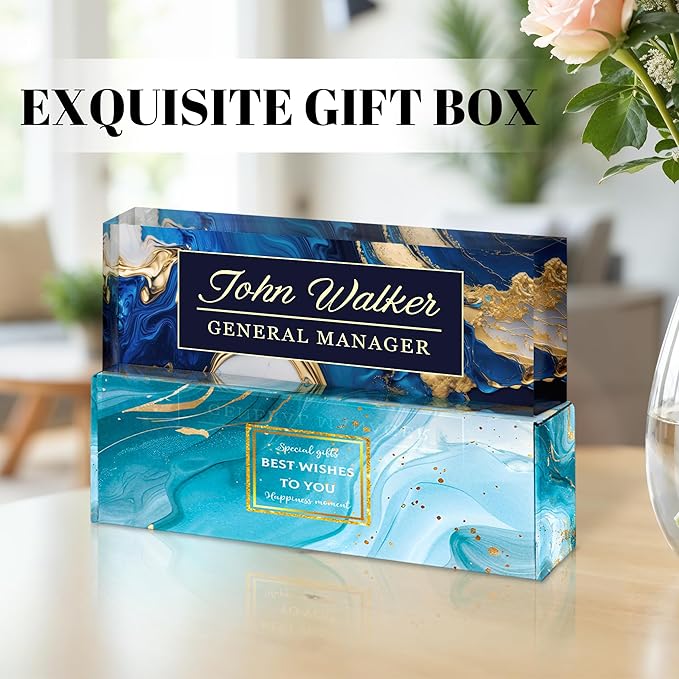 Ship Next Day Personalized Name Plate for Desk, Custom Acrylic Desk Name Sign, Office Appreciation Gifts for Women Men Coworkers Boss Teacher Employee (Blue Coast)