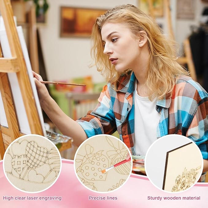 COCHIE 10 Pieces Large Valentine's Day Unfinished Wood Crafts to Paint for Kids Adults, Bulk Predrilled Wooden Ornaments for Painting, Heart Pattern Paintable Wood Slices Craft Supplies with Ropes