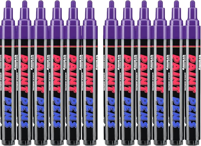 Purple Paint Pens Paint Markers - 12 Pack Permanent Quick Dry Waterproof Marker Pens for Rocks Wood Fabric Plastic Canvas Glass Mugs Metal Tire Stone
