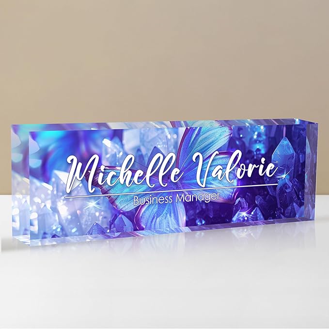 Personalized Name Plate for Desks, Custom Desk Name Plates, Acrylic Name Plate Office Desk Accessories, Personalized Office Gifts for Coworkers Teachers, Employee Appreciation Gifts (Crystal Butterfly)