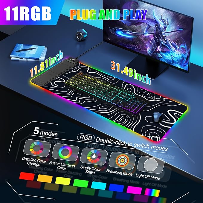 Mouse Pad with Foldable Phone Holder & Wireless Charger, XL RGB Gaming Mousepad 31.5"x11.8" Large Desk Mat for Keyboard, Home Desk Pad with Dual Qi Charging Station | 11 Colors & 5 Modes | Waterproof