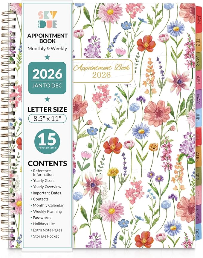SKYDUE 2026 Appointment Book, 8.5" x 11", Hourly Planner with 15 & 30-Minute Increments, Weekly & Monthly Planner for January - December 2026, Perfect for Daily Planning, Flower