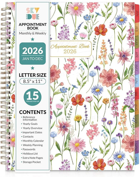 SKYDUE 2026 Appointment Book, 8.5" x 11", Hourly Planner with 15 & 30-Minute Increments, Weekly & Monthly Planner for January - December 2026, Perfect for Daily Planning, Flower