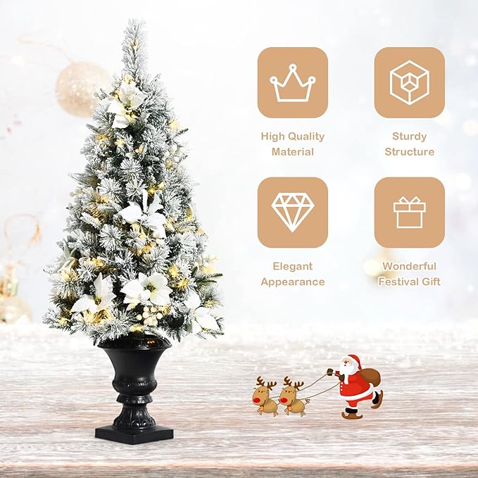 Happygrill 4ft Artificial Christmas Tree Pre-lit Entrance Xmas Tree with 100 LED Lights, Snow Flocked Potted Tree with Flowers & White Berries