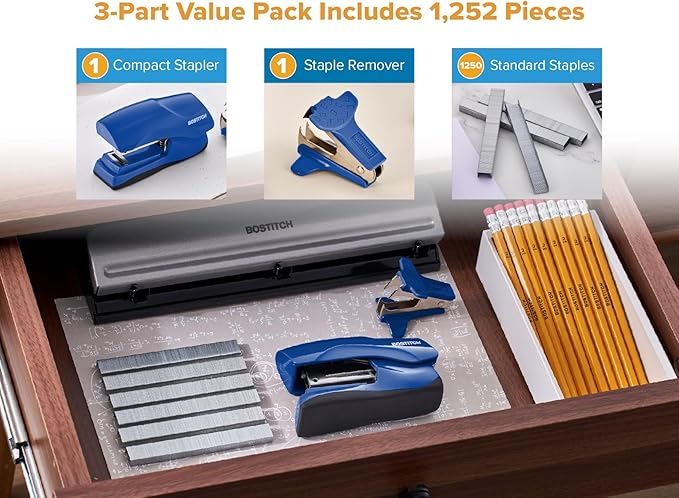 Bostitch Office Heavy Duty 40 Sheet Stapler with 1250 Staples & Claw Remover, Small Stapler Size, Fits into The Palm of Your Hand, Value Pack, Blue (B175-BLUE-VP)