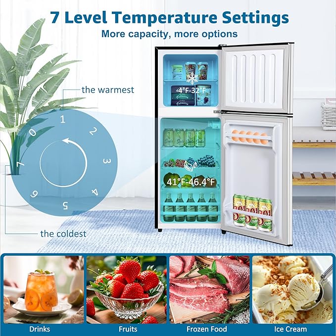 4.9 Cu. Ft. Mini Fridge with Freezer, Compact Refrigerator with Adjustable 7-Level Thermostat, Double-Door Fridge for RV, Kitchen, Office, Silver