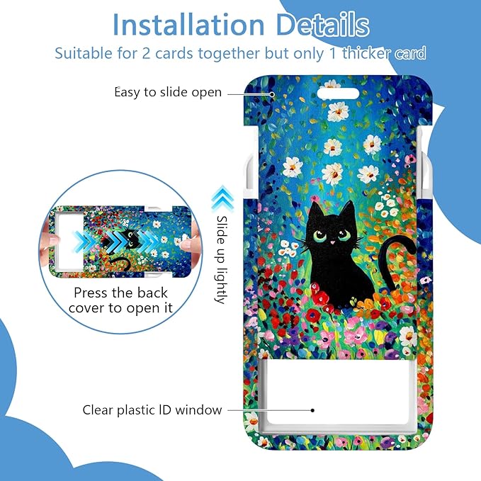 Lanyard with Id Holder, Oil Painting Flower cat Badge Holder with Retractable Lanyard, ID Holder with Badge Reel Clips, Animal Keychain Name Tag Teacher Women Doctor Office Gift