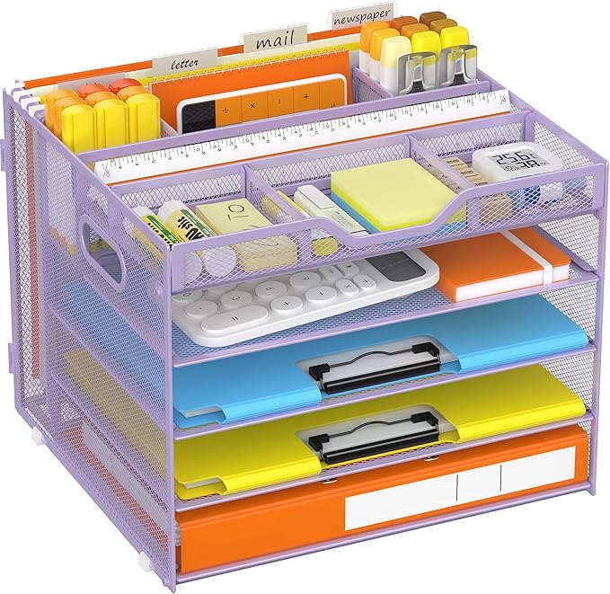 Docnest 5 Tier Letter Tray with Hanging File Organizer-Mesh Desk Organizer-Desktop Storage Box Built in Pen Holder and Handles, File Folder Holder for Mail Documents Office Supplies-Purple