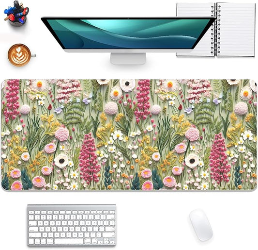 Embroidered Flower Wildflower Embroidery 3D Pattern Mouse Pad Desk Pad,Stitched Edges Non-Slip Waterproof Rubber Base Mous Mat for Office,Computer,Keyboard,Laptop and Home Desk Pad(27.5X11.8 in)