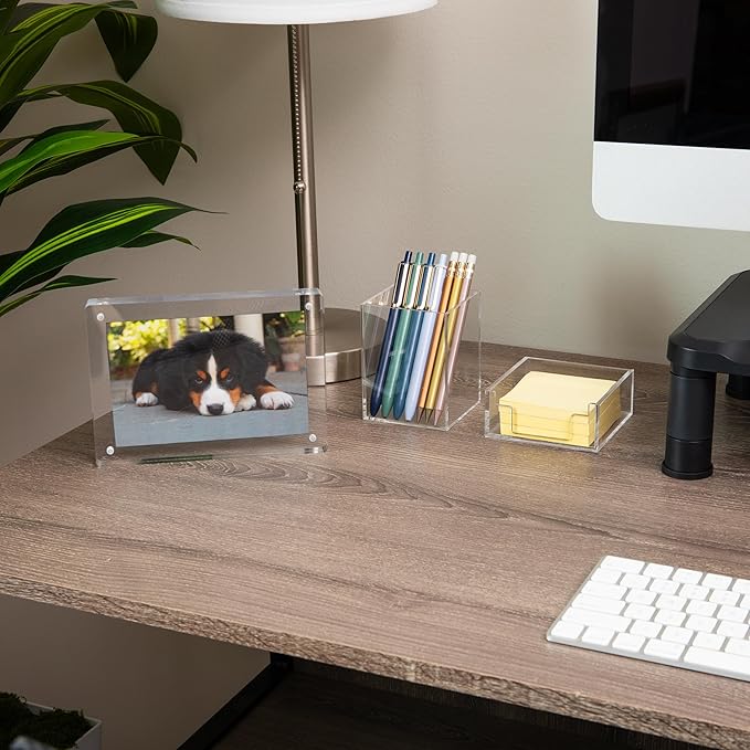 Mind Reader 3-Piece Desk Organizer Set, Pen Holder, Photo Frame and Sticky Note Tray, Desktop Organization, Office, Acrylic, Clear
