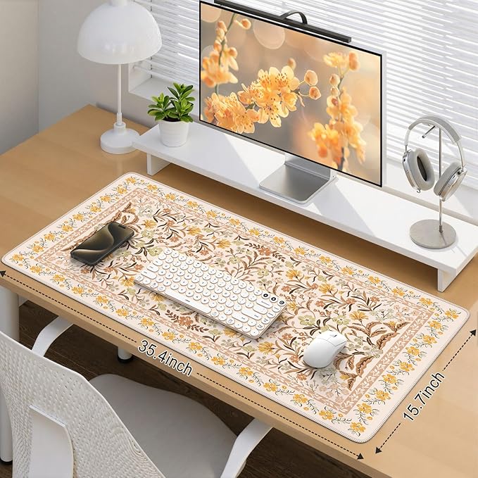 iCasso Desk Matt for Desktop, Cute Desk Pad Mat, XXL Large Mouse Pad, Anti-Slip Big Mousepad with Stitched Edges, Keyboard Pad Mouse Mat for Computer (Yellow Floral)