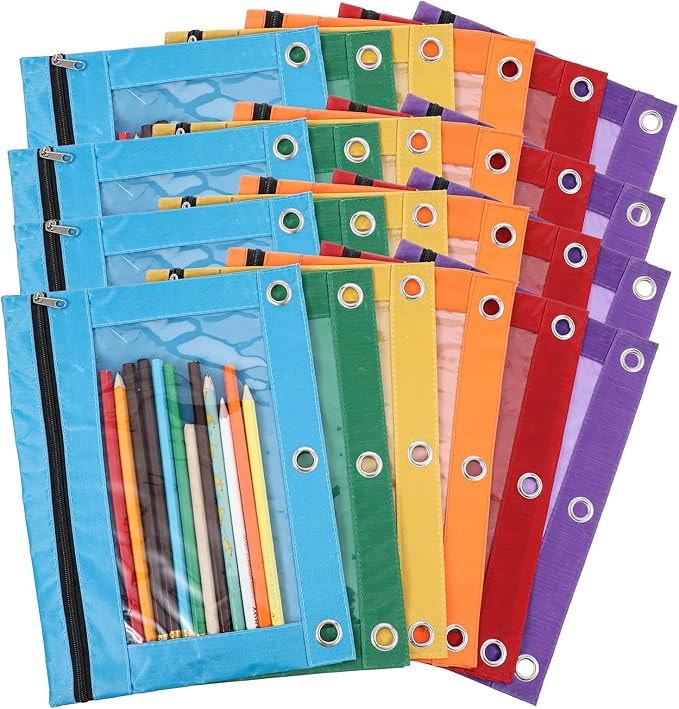 24 Pack Pencil Pouch for 3-Rings Binder, 3-Holes Zipper Pencil Pouches in Assorted Colors, Sturdy and Resuable Cloth Holder with Clear Window for Office Supplies