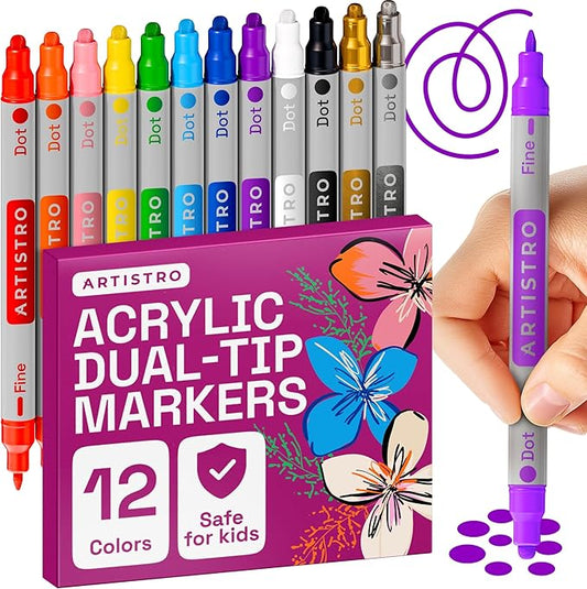 ARTISTRO Vibrant Acrylic Paint Markers for Rock, Fabric, Glass, Wood, Paper, Ceramic, Canvas & More - 12 Dual-Tip Paint Pens (Dot & Fine) - Quick Dry, Teacher Classrooms Must Have, Drawing Markers