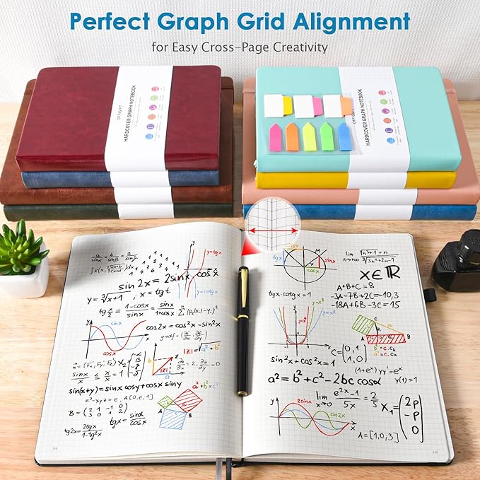 Graph Paper Notebook, 312 Numbered Pages Large A4 Hardcover Leather Journal, 100gsm No Bleed Grid Paper Notebook with Index Pages, Squared Grid Notebook for Graphing Notes Math, 8.5'' × 11'', Blue