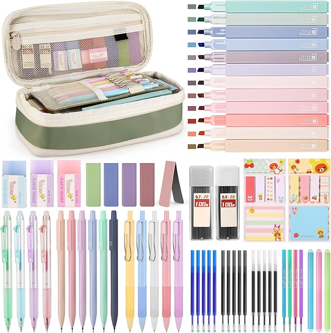 DazSirit 62 PCS Aesthetic School Supplies with Foldable Pencil Case, 12 Pastel Highlighters, 4 Erasable Pens, 5 Gel Pens, 6 Mechanical Pencils, Sticky Notes, Complete Stationery Kit for Teens, Green