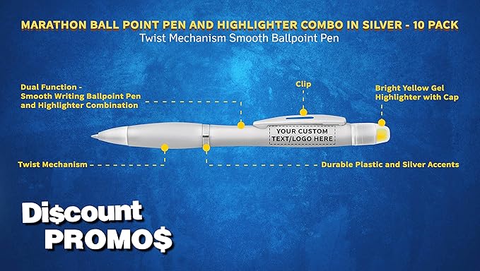 DISCOUNT PROMOS 10 Marathon Gel Highlighter Pens Pack - Customizable Text, Logo - Twist Mechanism, Ballpoint - Silver