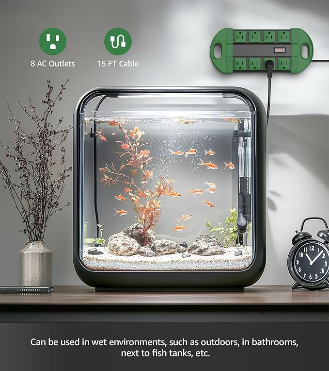 CCCEI Outdoor Power Strip Weatherproof with 8 Plug, Waterproof Extension Cord with Multiple Outlets, Christmas Exterior Garden Yard Surge Protector 15FT, Green.