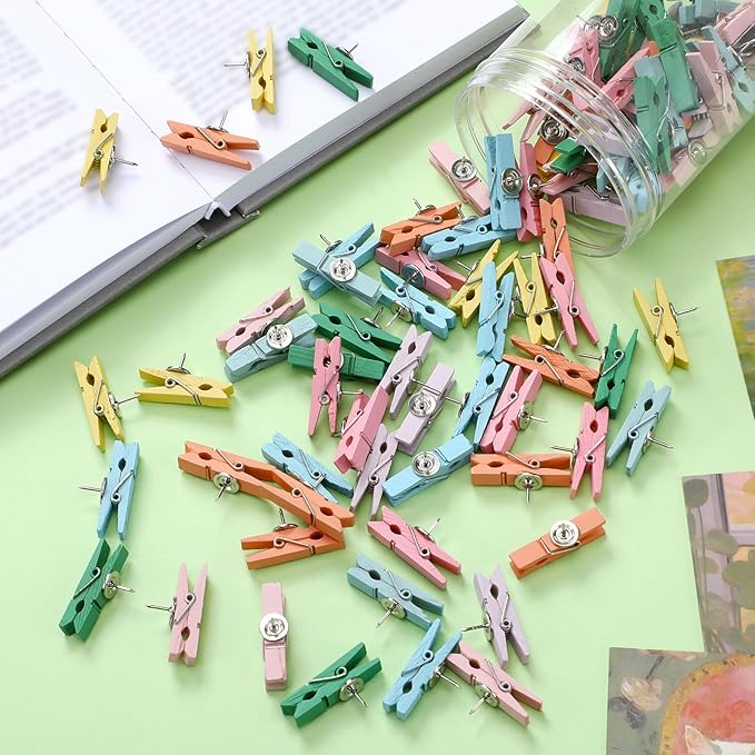 200 Pcs Push Pin with Wooden Clips Tacks Pastel Classroom Decor for Cork Board Bulletin Board Colorful Thumb Tacks Wooden Clips for Teachers School Office Home Supplies Accessories
