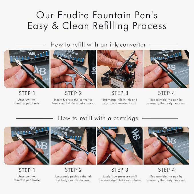 Wordsworth & Black Fountain Pen Set, 18K Gilded Medium Nib, Includes 24 Pack Ink Cartridges, Ink Refill Converter & Gift Pouch, Gold Finish, Calligraphy, [Racing Green], Perfect for Men & Women