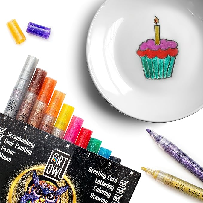 Acrylic Glitter Paint Marker Pens, Medium Pens for Rock Painting, Stone, Ceramic, Glass, Wood, Fabric, Card Making, Canvas, DIY Crafts - Set of 12 Sparkle Paint Markers