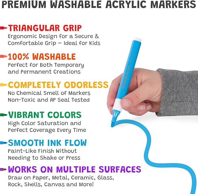 The Pencil Grip Magic Stix Washable Acrylic Markers for Kids and Teens, 24 Non-Toxic Colors, Allergen-Free, Vibrant Paint Pens for Crafting and DIY