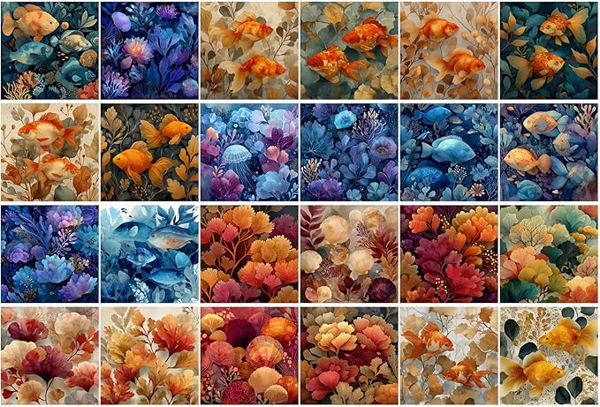 FLONZ Scrapbook Paper (24 sheets 6"x6") Golden Drift Garden ~ Ornamental digital illustrations featuring koi fish and lush floral backdrops in painterly style with rich gradients and soft glowing