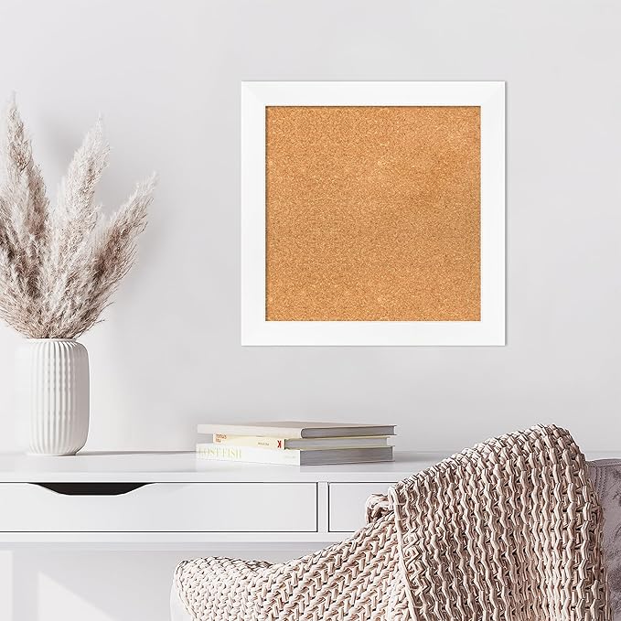 Amanti Art Natural Cork Board for Wall, 21x21 Vision Board with White Frame, Small Corkboard Office Decor for Home Organization, Modern Corkboard Pinboard to Display Items for Home Organization in