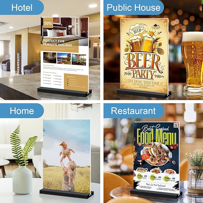 8.5x11 Acrylic Sign Holder Vertical Double-sided Tabletop Sign Holder with Black Base, Plastic Picture Frame Paper Holder, Clear Menu Display Stand for Office Restaurant Store Home 4 pack