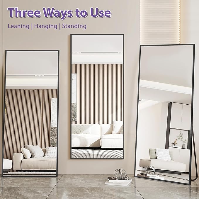 Full Length Mirror, 58"x21" Oversized Floor Mirror Freestanding, Full Body Mirror Floor Standing Mirrors with Stand, Hanging Mounted Mirrors for Bedroom Living Room, Black, Rect Style